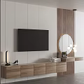 Modern TV Wall Design With Wooden TV Stand Round Mirror Pendant Lights And Decor