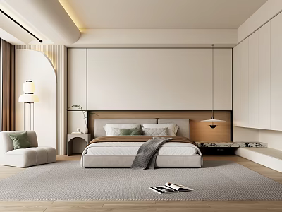 Modern Bedroom Interior Design With Large Bed Wooden Headboard Armchair Green Cushion And Rug 3d model