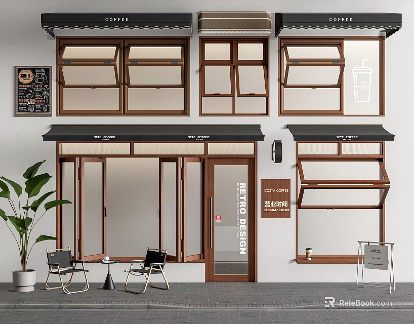 Coffee Shop Storefront Design Featuring Glass Windows Wooden Frames Awnings And Outdoor Seating 3d model 
