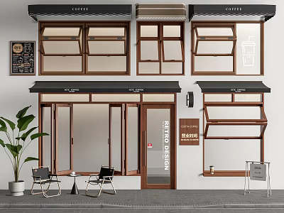 Coffee Shop Storefront Design Featuring Glass Windows Wooden Frames Awnings And Outdoor Seating 3d model