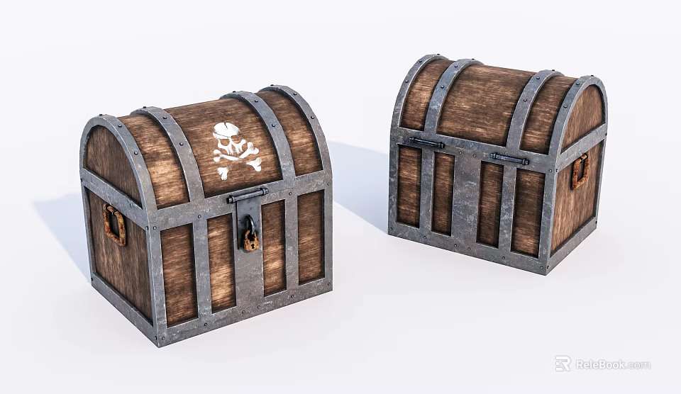 Two Wooden Treasure Chests With Metal Bands And Skull Crossbones Symbol 3d model 