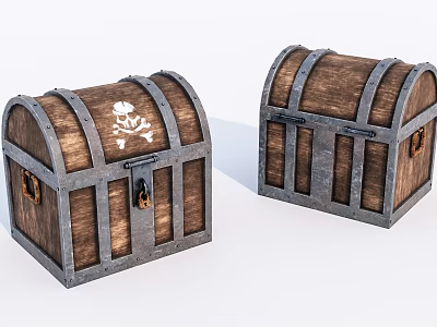 Two Wooden Treasure Chests With Metal Bands And Skull Crossbones Symbol 3d model