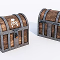Two Wooden Treasure Chests With Metal Bands And Skull Crossbones Symbol