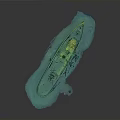 3D Green Water Transport Boat Model With Deck Cabin On Blue Marine Terrain