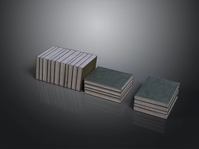Furniture With Stacked Books In Different Heights Gray Green Covers And Reflective Surface 3d model