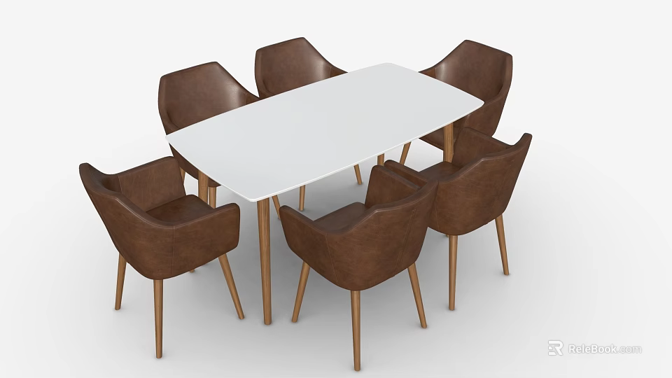 White Rectangular Dining Table with Six Brown Leather Chairs and Wooden Legs 3d model
