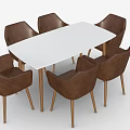 White Rectangular Dining Table with Six Brown Leather Chairs and Wooden Legs 3d model