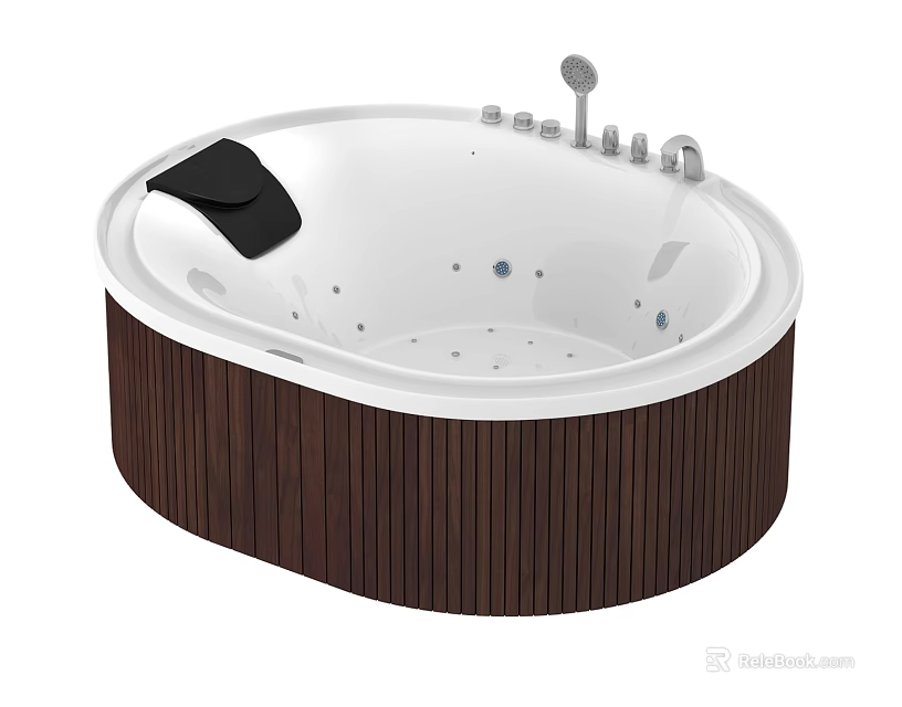 Luxurious Round White Bathtub With Wooden Base Black Cushion And Chrome Fixtures For Modern Bathroom 3d model 