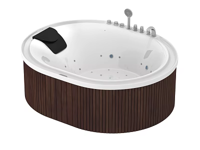 Luxurious Round White Bathtub With Wooden Base Black Cushion And Chrome Fixtures For Modern Bathroom 3d model