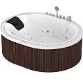 Luxurious Round White Bathtub With Wooden Base Black Cushion And Chrome Fixtures For Modern Bathroom