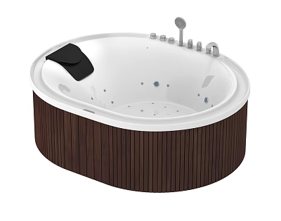 Luxurious Round White Bathtub With Wooden Base Black Cushion And Chrome Fixtures For Modern Bathroom 3d model