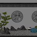 Traditional Chinese Garden Decorative Elements With Circular Carved Windows Pine Trees Rock Formations And Pebbles