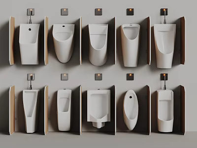 Different Styles of Modern Urinals Mounted on Wall in Bathroom Design 3d model