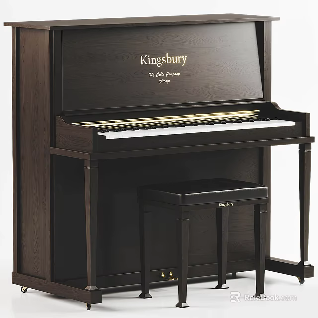 Elegant Kingsbury Black Upright Piano With Stool Classic Musical Instrument 3d model 