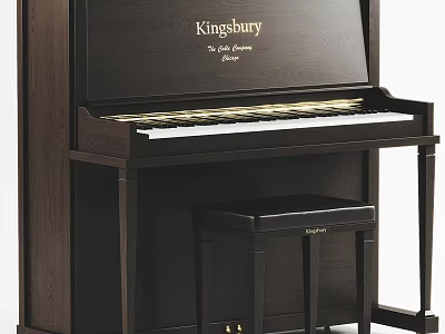 Elegant Kingsbury Black Upright Piano With Stool Classic Musical Instrument 3d model