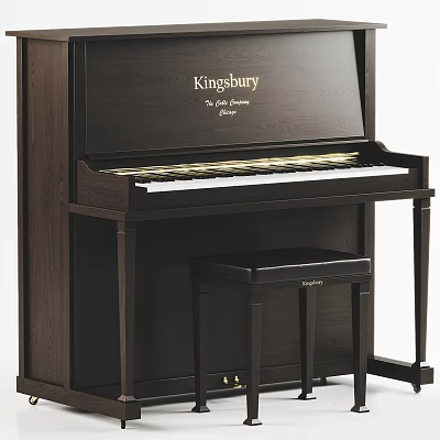 Elegant Kingsbury Black Upright Piano With Stool Classic Musical Instrument 3d model