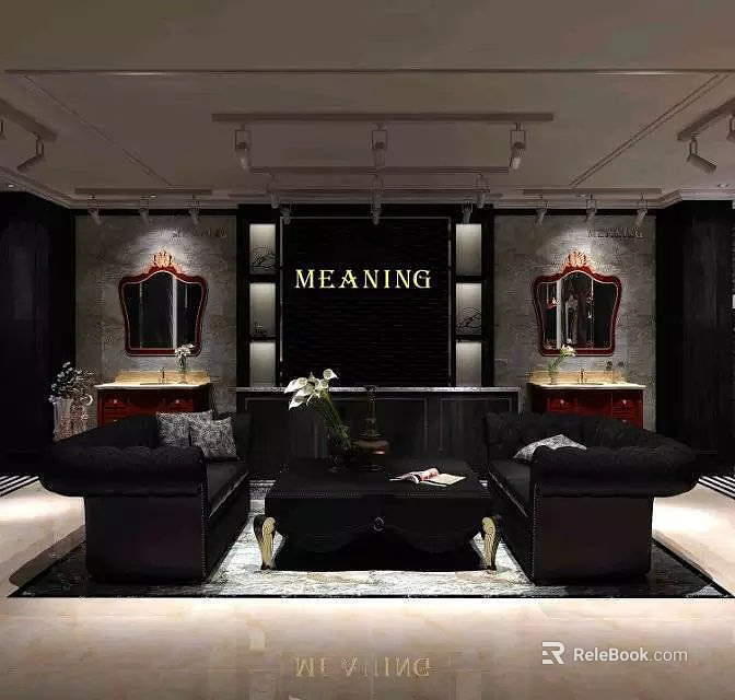 MEANING Modern Furniture Showroom With Black Sofas Red Framed Mirrors Coffee Table And Cabinets 3d model 