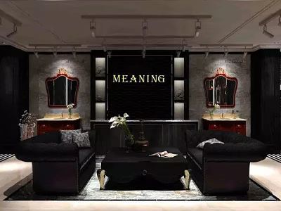 MEANING Modern Furniture Showroom With Black Sofas Red Framed Mirrors Coffee Table And Cabinets 3d model