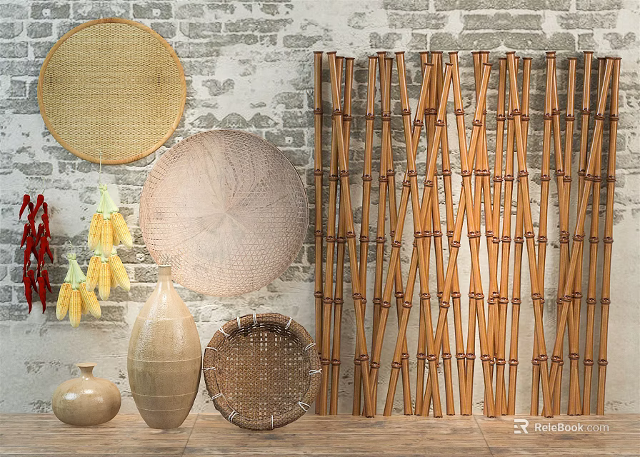 Bamboo Screen Wicker Plates And Ceramic Vases For Garden Decor With Dried Chili Corn 3d model 