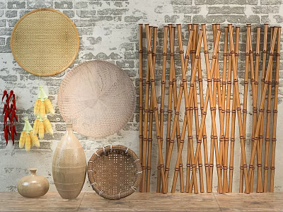 Bamboo Screen Wicker Plates And Ceramic Vases For Garden Decor With Dried Chili Corn 3d model