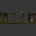 Ancient Circular Ruin Structure With Moss Covered Stone Pillars Central Green Grass And Yellow Ground Patterns
