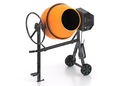 Orange Industrial Concrete Mixer with Stand Wheels and Control Panel 3d model