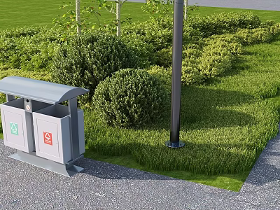 Lush Green Plants And Lawn With Trash Bin And Lamp Post In Park Landscaping 3d model