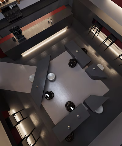 Modern Café Interior Design With Tables Chairs Pendant Lighting And Bar Counter 3d model