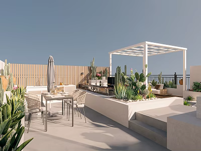 Roof Garden With White Pergola Outdoor Dining Table Chairs And Cacti Succulents 3d model