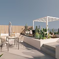 Roof Garden With White Pergola Outdoor Dining Table Chairs And Cacti Succulents