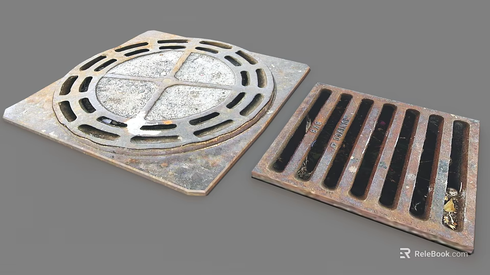 Public Facilities Metal Manhole Covers With Circular And Rectangular Drainage Grates 3d model 