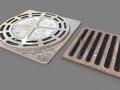 Public Facilities Metal Manhole Covers With Circular And Rectangular Drainage Grates 3d model