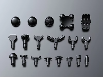 Black Mechanical Hardware Components With Various Shapes Designs On Gray Background 3d model
