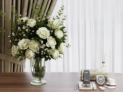 Transparent Glass Vase With White Roses And Green Leaves On Wooden Table 3d model