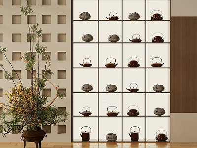 Traditional Tea Pots Display On Multi Layered Shelf With Indoor Plant Decoration 3d model