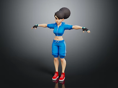 3D Girl Character In Blue Sportswear With Red Sneakers High Ponytail And Outstretched Arms 3d model