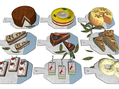 Assorted Delicious Cakes and Pastries with Leaf Decorations Slices and Whole Pieces 3d model