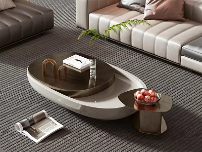 Modern Coffee Table with Book Glass and Peach Bowl in Living Room with Leather Sofa 3d model