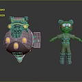 Artistic Mechanical Device and Cartoon Character Sculptures with Goggles and Spacesuit Like Outfit