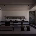 Modern Tea Room With Wooden Tea Table and Chairs Natural Stone Plants Wall Art