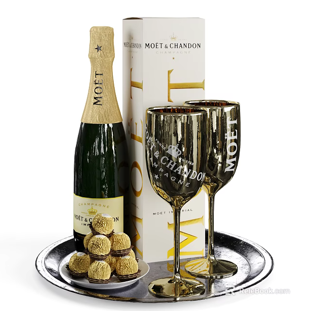 Moët Chandon Champagne Bottle and Glasses with Gift Box and Truffles on Silver Tray 3d model 