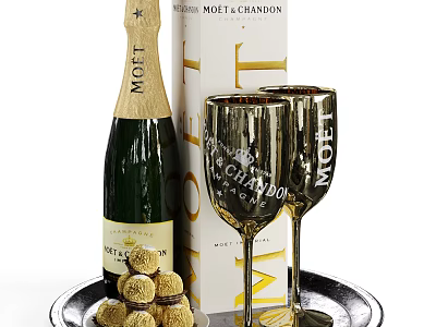 Moët Chandon Champagne Bottle and Glasses with Gift Box and Truffles on Silver Tray 3d model