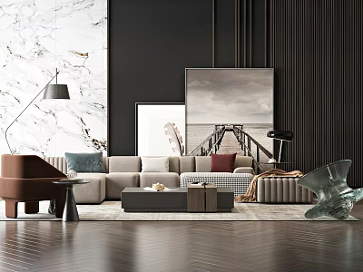 Modern Living Room Sofa And Coffee Table Set With Decorative Artworks And Floor Lamp 3d model