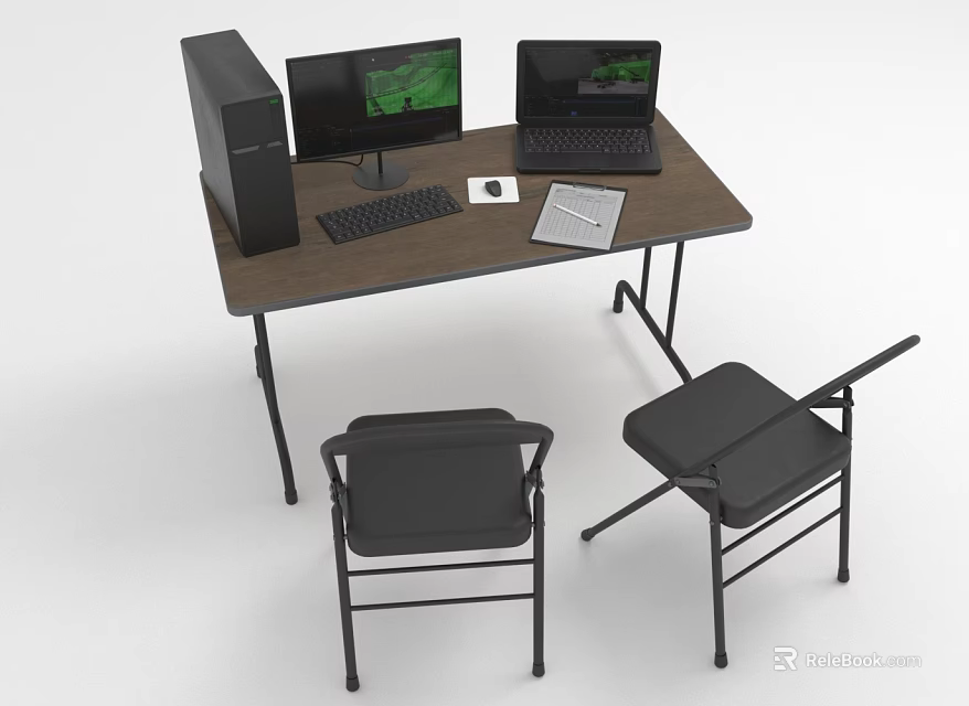 Home Office Desk with Desktop Computer Monitor Laptop Keyboard Mouse Notebook and Chairs 3d model 