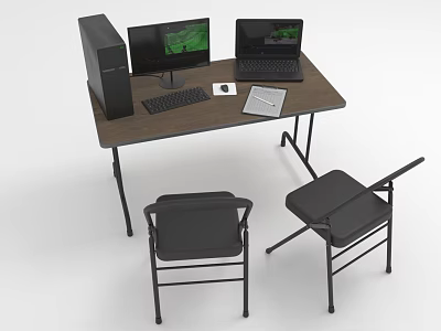 Home Office Desk with Desktop Computer Monitor Laptop Keyboard Mouse Notebook and Chairs 3d model
