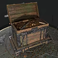 Open Wooden Chest Filled With Gold Coins On Circular Metal Base With Decorations And Candles