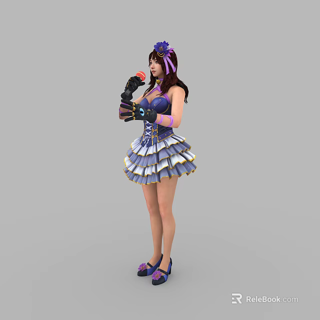Woman in purple and white striped dress with purple hair accessory holding microphone wearing gloves 3d model 