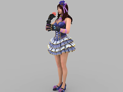 Woman in purple and white striped dress with purple hair accessory holding microphone wearing gloves 3d model