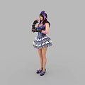 Woman in purple and white striped dress with purple hair accessory holding microphone wearing gloves
