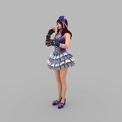 Woman in purple and white striped dress with purple hair accessory holding microphone wearing gloves 3d model